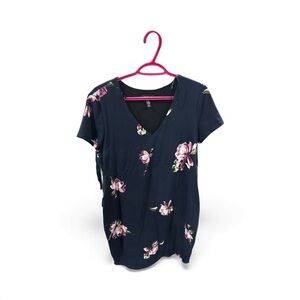 Navy Floral V-Neck Short Sleeve Women's Top